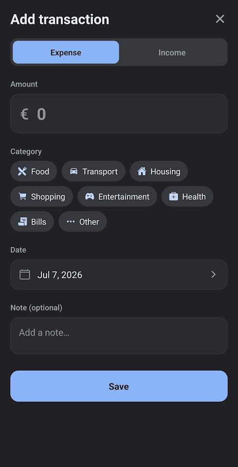 Sumova add-transaction screen: amount, category chips, date and note